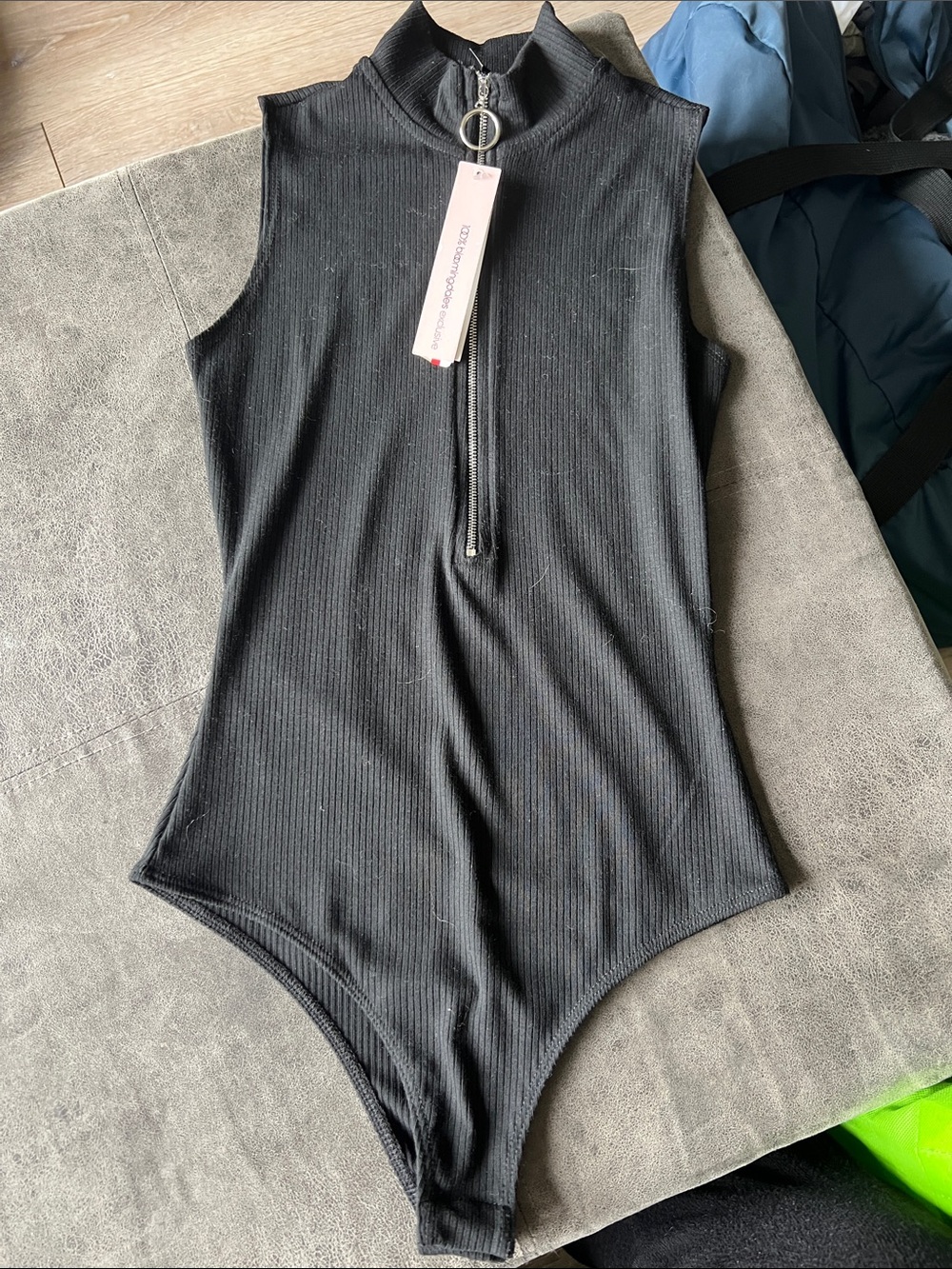 NWT! WMNS. Aqua Bloomingdale's Black Ribbed Sleeveless sexy Zip-Front Bodysuit!